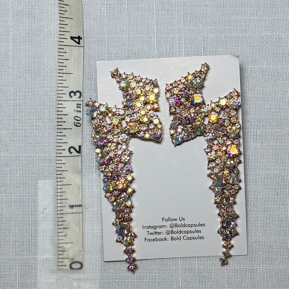 Rhinestone Thunderbolt Statement Earrings | AB Crystal Lightning Bolt - Picture 4 of 4